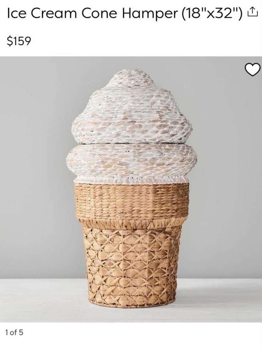 Pottery Barn Woven Ice Cream Cone Hamper - Natural & Whitewashed
